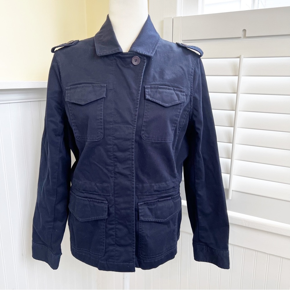 Talbots Navy Blue Cotton Blend Button Up Utility Jacket Women’s Medium Petite